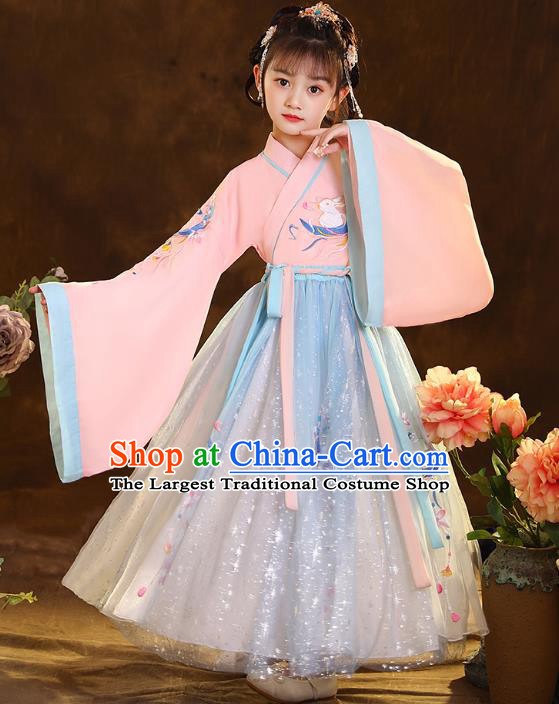 Chinese Traditional Hanfu Pink Blouse and Blue Skirt Ancient Jin Dynasty Girl Costumes Apparels for Kids