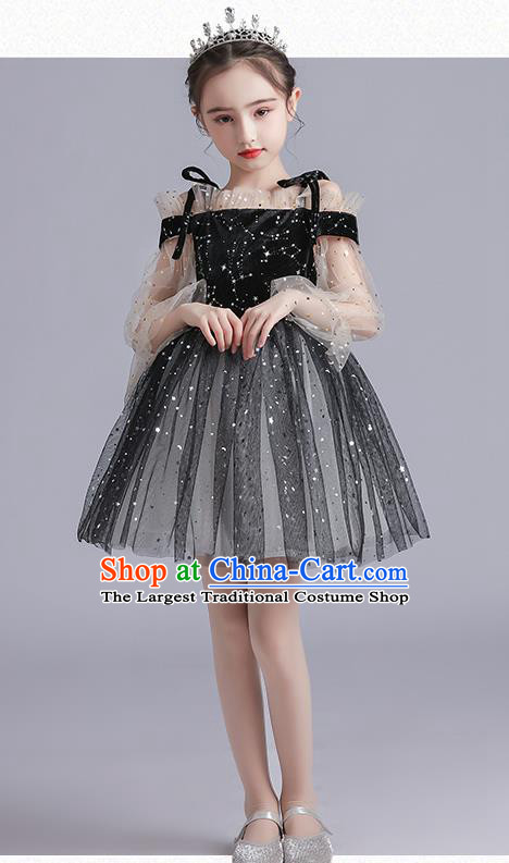 Top Grade Girls Stage Show Black Dress Children Birthday Costume Baby Compere Off Shoulder Short Full Dress