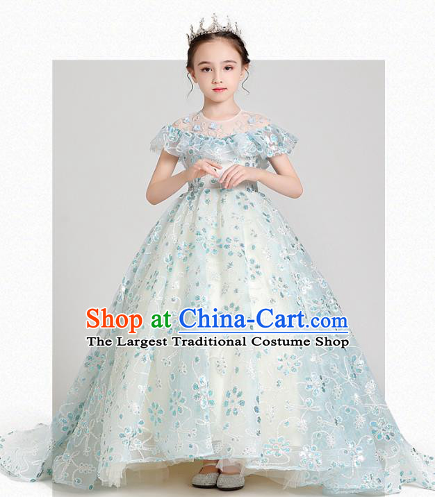 Top Grade Girls Stage Show Blue Dress Children Birthday Costume Baby Princess Trailing Full Dress