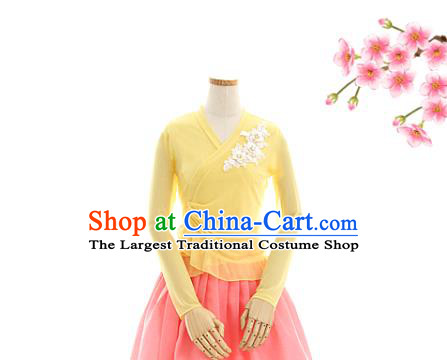 Korean Traditional Yellow Veil Blouse and Pink Skirt Korea Fashion National Dance Costumes Hanbok Apparels