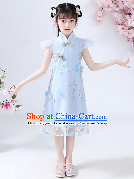 Chinese Traditional Tang Suit Blue Qipao Dress Ancient Girl Costumes Stage Show Cheongsam Apparels for Kids