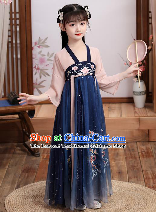 Chinese Traditional Hanfu Dress Ancient Girl Costumes Stage Show Apparels Blouse and Navy Skirt for Kids