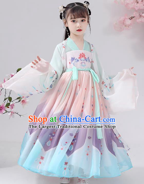 Chinese Traditional Printing Chiffon Hanfu Dress Apparels Ancient Princess Costumes Stage Show Girl Cape Blouse and Skirt for Kids