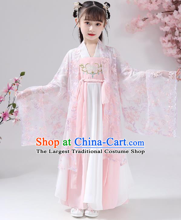 Chinese Traditional Girl Princess Hanfu Dress Apparels Ancient Costumes Stage Show Pink Cape Blouse and Skirt for Kids