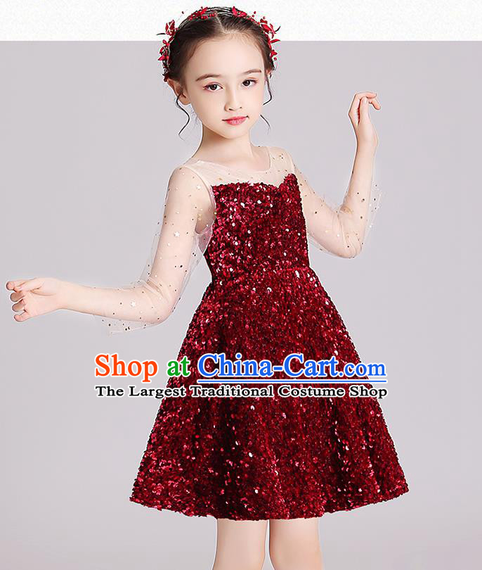 Top Grade Stage Show Red Short Dress Children Girls Birthday Costume Compere Full Dress