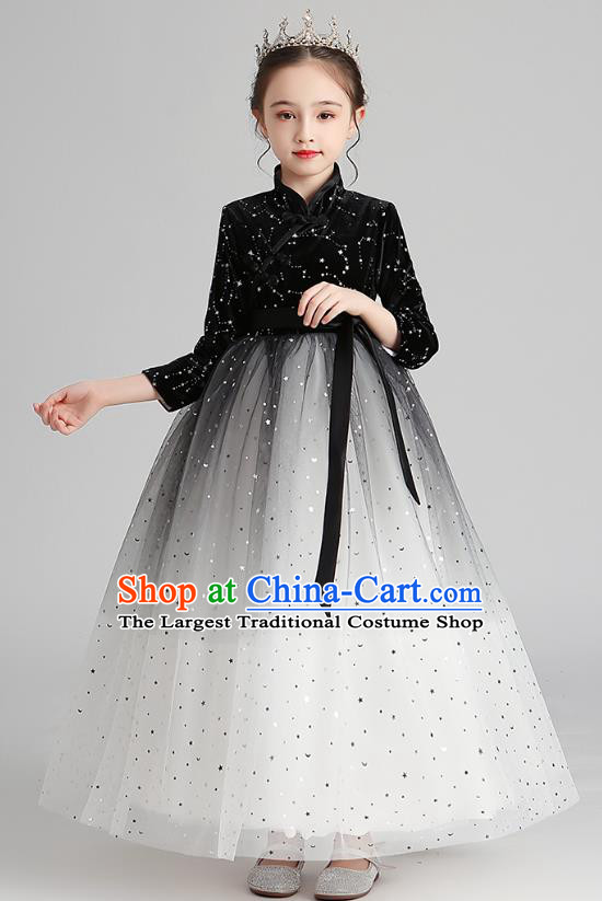 Chinese Traditional Tang Suit Black Velvet Qipao Dress Apparels Ancient Girl Costumes Stage Show Veil Cheongsam for Kids