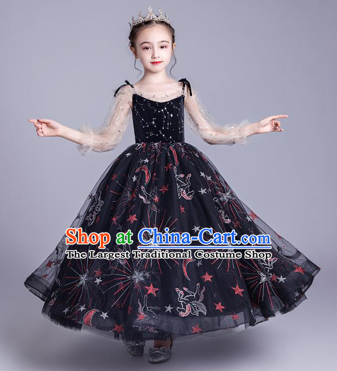 Professional Stage Show Princess Black Chiffon Dress Girls Birthday Costume Children Top Grade Compere Full Dress