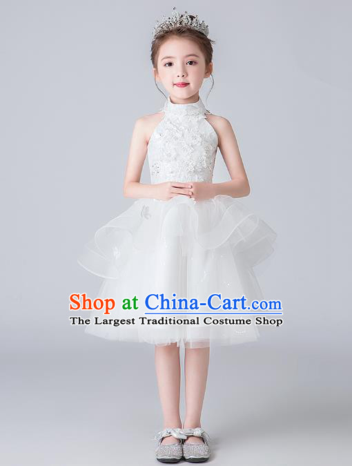 Professional Stage Show White Veil Bubble Dress Girls Birthday Costume Children Top Grade Compere Short Full Dress