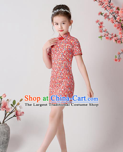 Chinese Traditional Tang Suit Red Qipao Dress Apparels Ancient Girl Costumes Stage Show Short Cheongsam for Kids