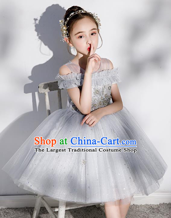 Professional Stage Show Grey Veil Bubble Dress Girls Birthday Costume Children Top Grade Compere Short Full Dress