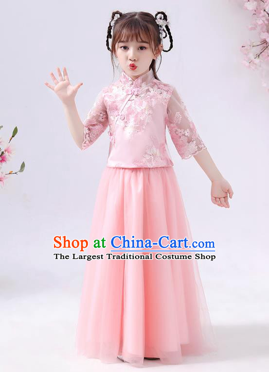 Chinese Traditional Tang Suit Pink Blouse and Skirt Qipao Dress Ancient Girl Costumes Stage Show Cheongsam Apparels for Kids