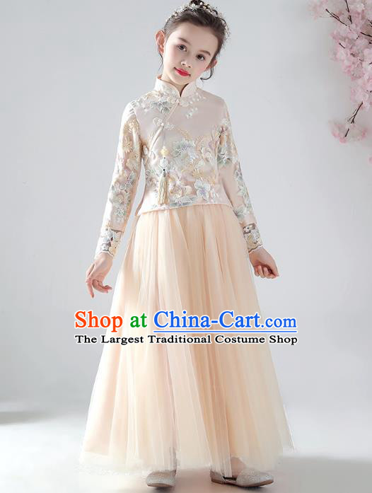 Chinese Traditional Tang Suit Apricot Blouse and Skirt Qipao Dress Ancient Girl Costumes Stage Show Cheongsam Apparels for Kids