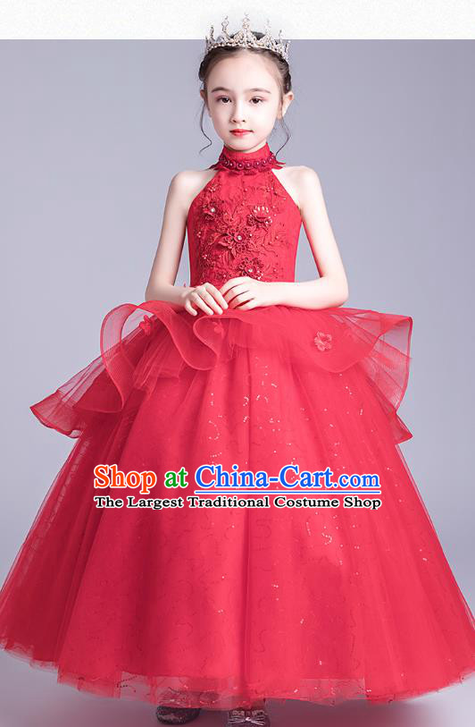 Top Grade Stage Show Red Veil Dress Girls Birthday Costume Children Compere Full Dress