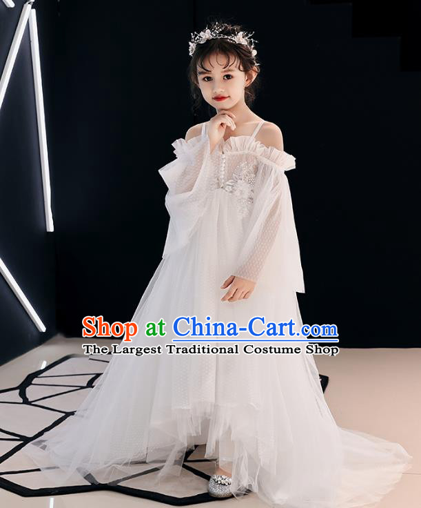 Top Grade Birthday White Veil Full Dress Children Compere Costume Stage Show Girls Catwalks Trailing Long Dress