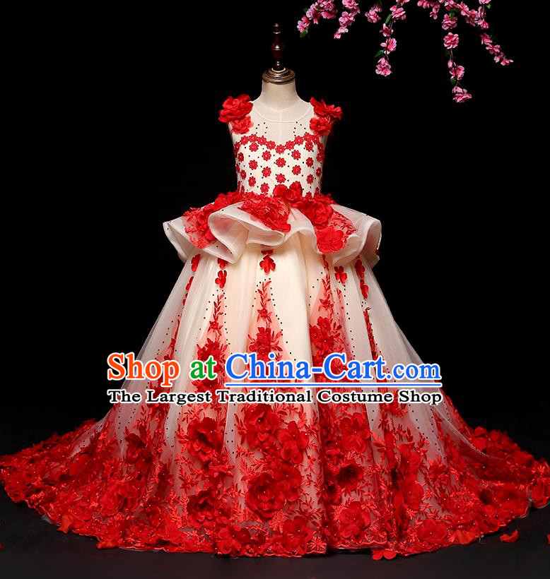 Top Grade Catwalks Trailing Full Dress Children Birthday Costume Stage Show Girls Compere Long Dress