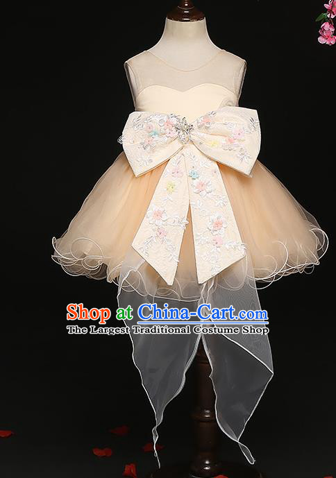 Top Grade Catwalks Apricot Bowknot Full Dress Children Birthday Costume Stage Show Girls Compere Short Veil Bubble Dress