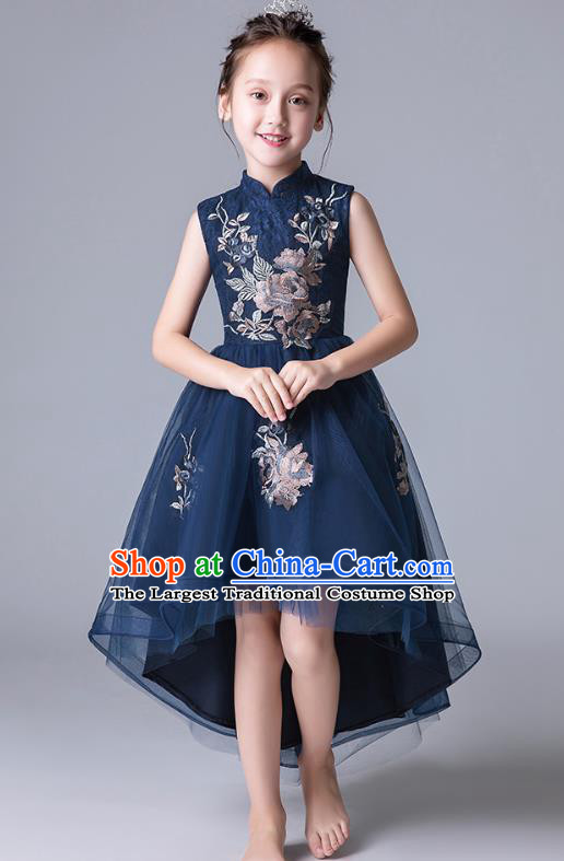 Top Grade Catwalks Navy Lace Full Dress Children Birthday Costume Stage Show Girls Compere Bubble Dress