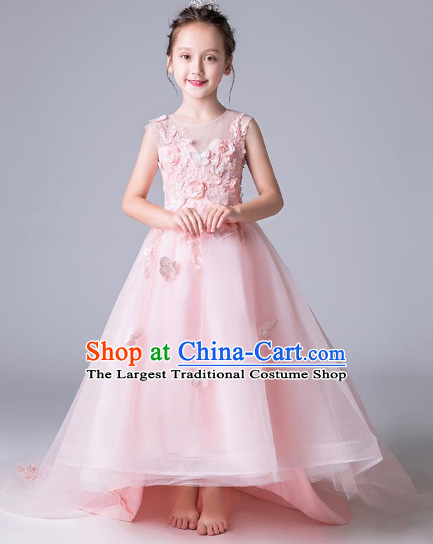 Top Grade Catwalks Pink Veil Full Dress Children Birthday Costume Stage Show Girls Compere Butterfly Flowers Dress