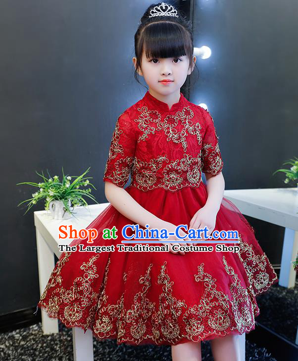 Top Grade Catwalks Lace Short Full Dress Children Birthday Costume Stage Show Girls Compere Red Veil Dress