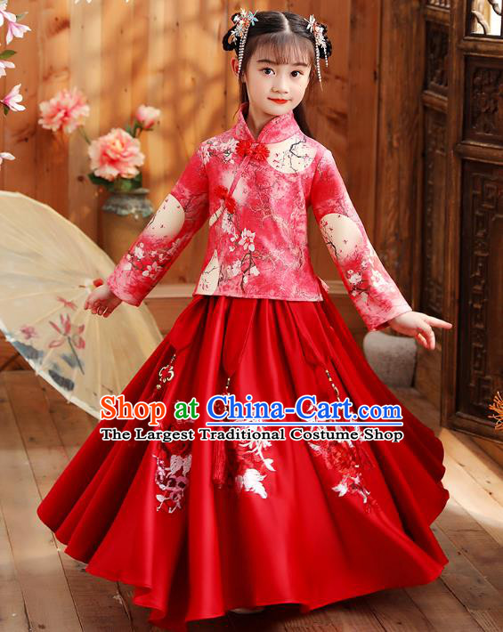 Chinese Traditional Tang Suit Red Qipao Blouse and Skirt Girl Costumes Stage Show Cheongsam Dress Apparels for Kids