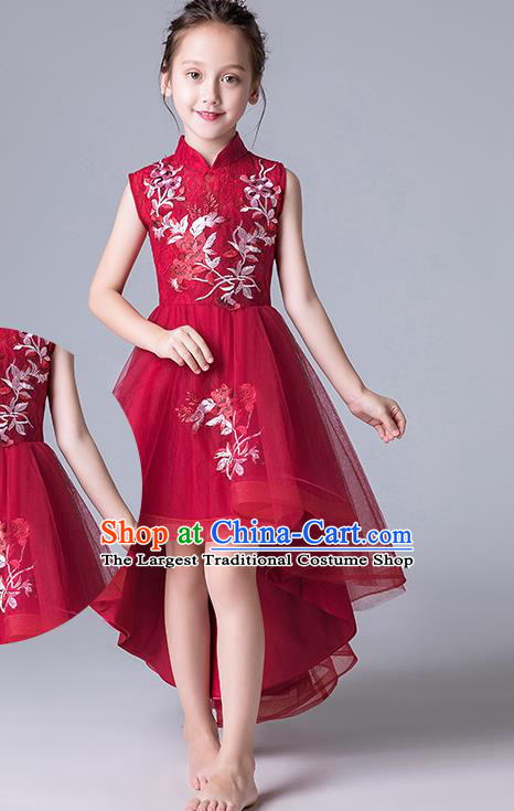 Top Grade Catwalks Wine Red Lace Full Dress Children Birthday Costume Stage Show Girls Compere Bubble Dress