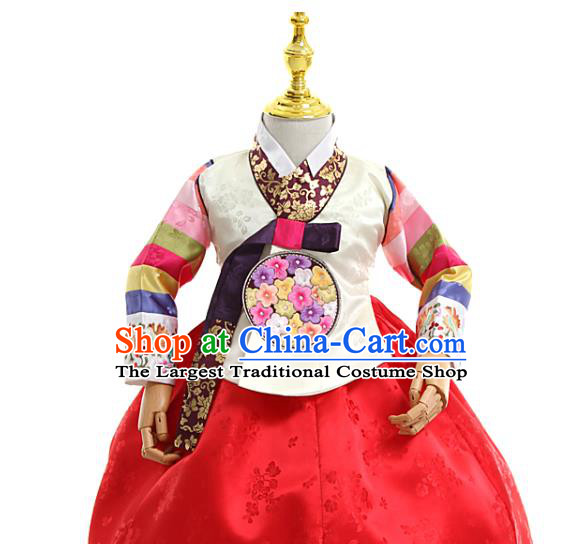 Asian Korea Traditional Embroidered White Brocade Blouse and Red Dress Children Birthday Fashion Korean Apparels Girls Hanbok Costumes