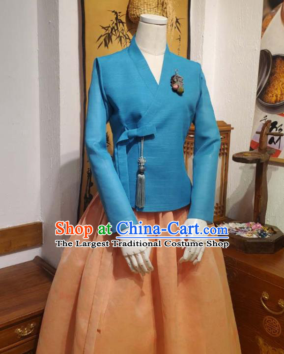 Korean Women Traditional Blue Blouse and Orange Dress Asian Korea National Fashion Costumes Hanbok Informal Apparels