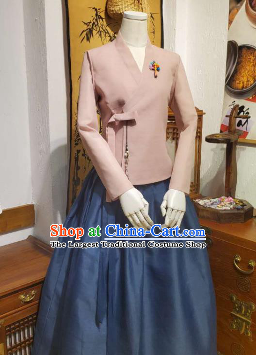 Korean Traditional Deep Pink Blouse and Navy Dress Asian Korea National Fashion Costumes Hanbok Women Informal Apparels