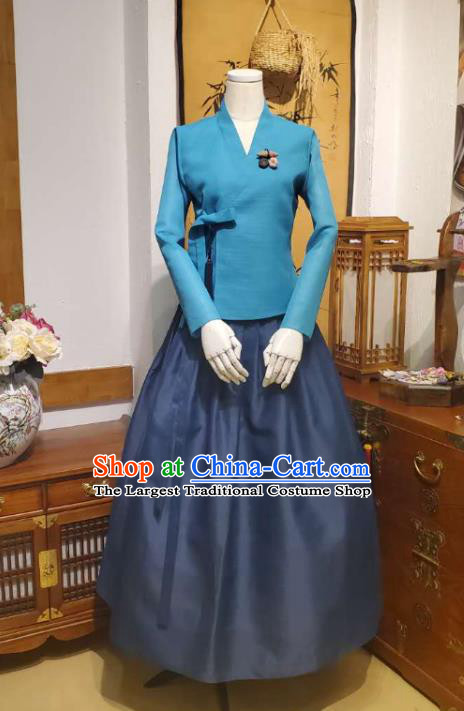 Korean Traditional Blue Blouse and Navy Dress Asian Korea National Fashion Costumes Hanbok Women Informal Apparels