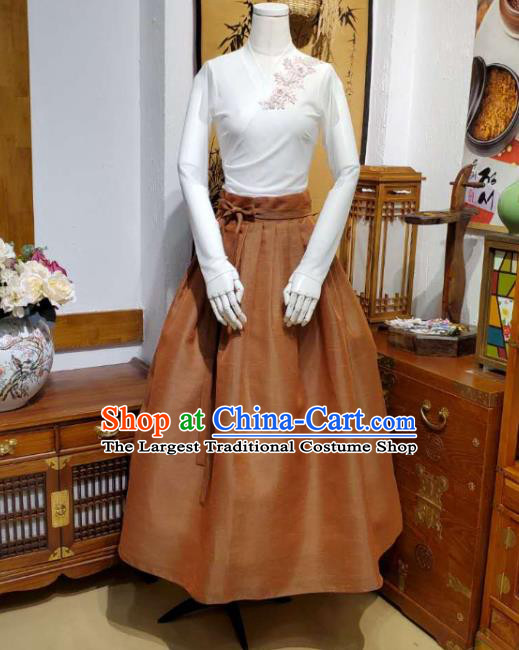 Korean Traditional Dance Blouse and Ginger Satin Skirt Asian Korea National Fashion Costumes Women Hanbok Apparels