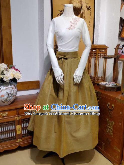 Korean Traditional Dance Blouse and Olive Green Skirt Asian Korea National Fashion Costumes Women Hanbok Apparels