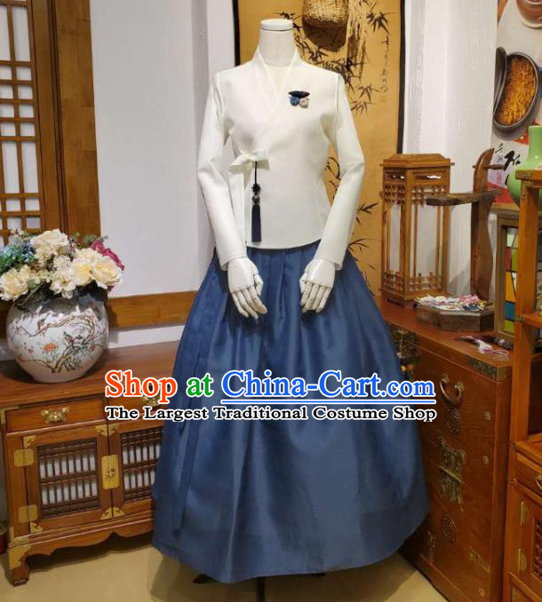 Korean Traditional Female White Blouse and Navy Bust Skirt Asian Korea National Fashion Costumes Women Hanbok Informal Apparels