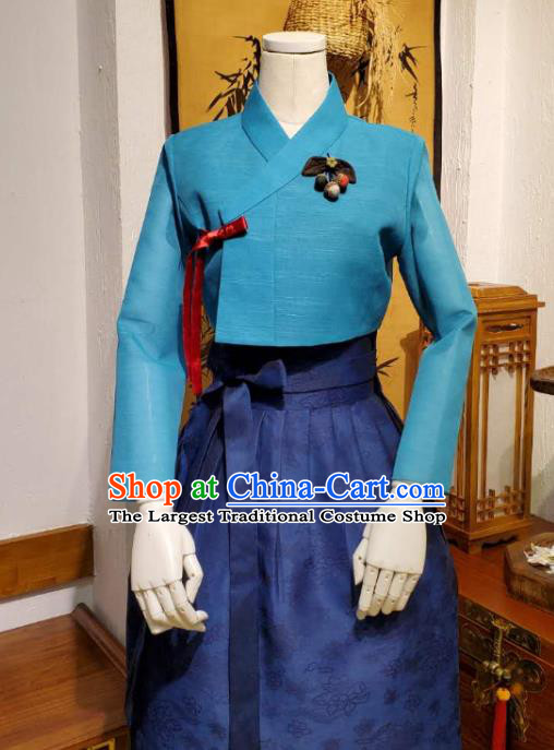 Korean Traditional Blue Top Blouse and Deep Blue Dress Asian Korea National Fashion Costumes Women Hanbok Informal Apparels