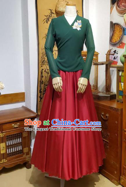 Korean Traditional Dance Training Green Veil Blouse and Red Satin Skirt Asian Women Hanbok Informal Apparels Korea Fashion Costumes