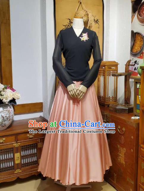 Korean Traditional Dance Training Black Veil Blouse and Pink Satin Skirt Asian Women Hanbok Informal Apparels Korea Fashion Costumes