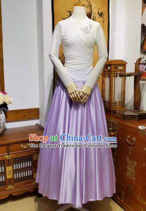 Korean Traditional Dance Training White Veil Blouse and Lilac Satin Skirt Asian Women Hanbok Informal Apparels Korea Fashion Costumes