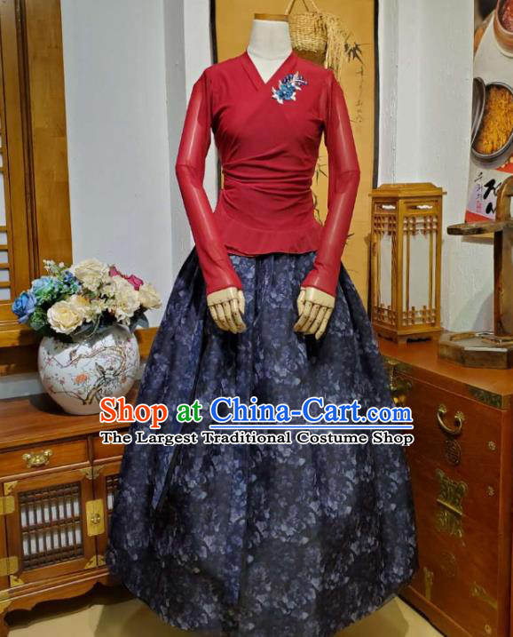 Korean Dance Training Dark Red Veil Blouse and Navy Skirt Asian Women Hanbok Informal Apparels Korea Fashion Traditional Costumes