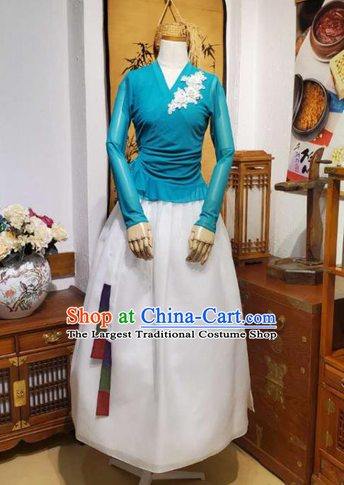 Korean Dance Training Blue Veil Blouse and White Skirt Asian Women Hanbok Informal Apparels Korea Fashion Traditional Costumes