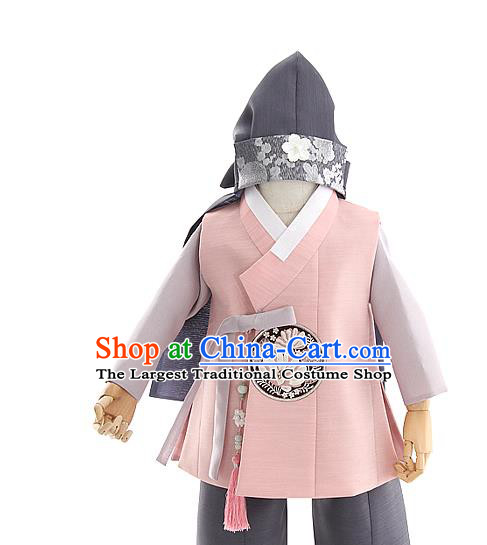 Asian Korea Kids Embroidered Pink Vest Shirt and Pants Dress Korean Boys Birthday Fashion Traditional Hanbok Apparels Costumes