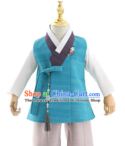 Asian Korea Kids Blue Vest Shirt and Pants Dress Korean Boys Birthday Fashion Traditional Hanbok Apparels Costumes