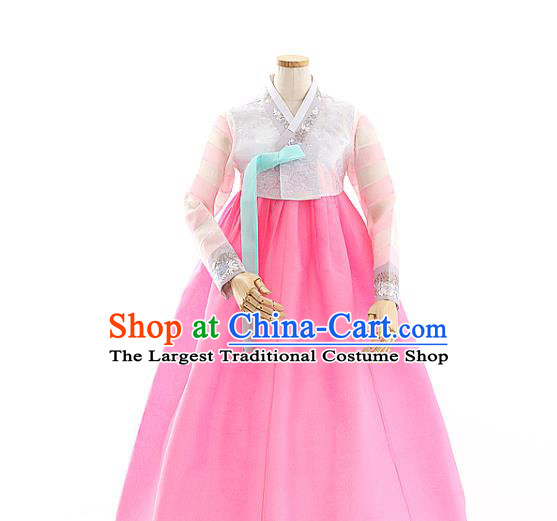 Korean Traditional Wedding Grey Lace Blouse and Rosy Dress Korea Fashion Bride Costumes Hanbok Apparels for Women