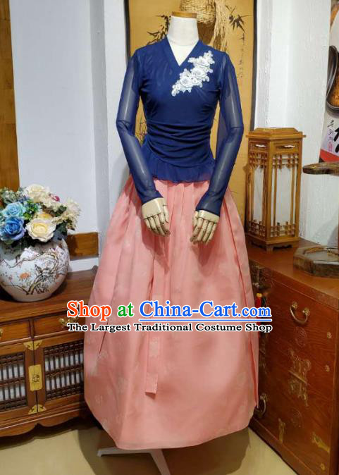 Korean Apparels Deep Blue Veil Blouse and Pink Skirt Asian Women Informal Hanbok Korea Fashion Traditional Dance Training Costumes