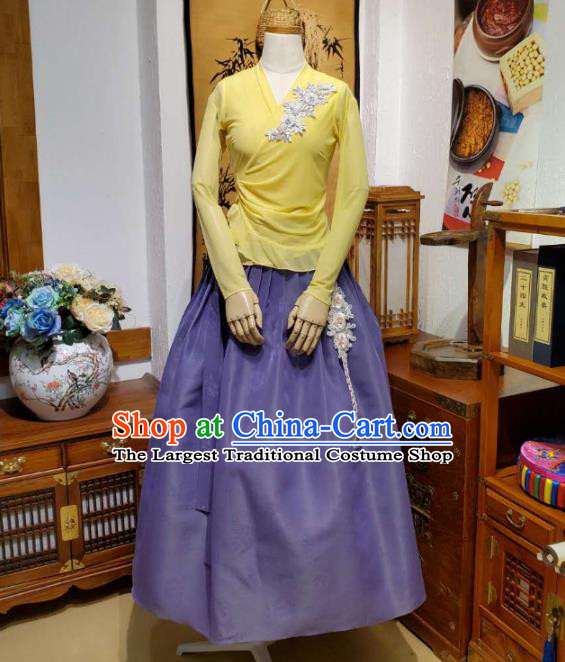 Korean Apparels Yellow Veil Blouse and Lilac Skirt Asian Women Informal Hanbok Korea Fashion Traditional Dance Training Costumes