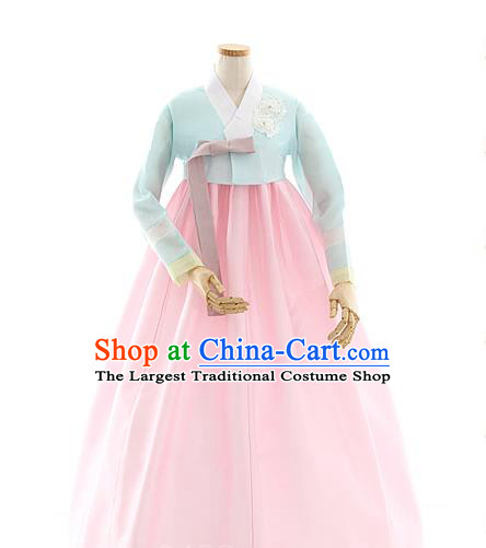 Korean Bride Light Blue Blouse and Pink Dress Korea Fashion Costumes Traditional Wedding Hanbok Apparels for Women