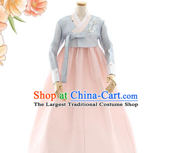 Korean Bride Grey Blouse and Light Pink Dress Korea Fashion Costumes Traditional Wedding Hanbok Festival Apparels for Women