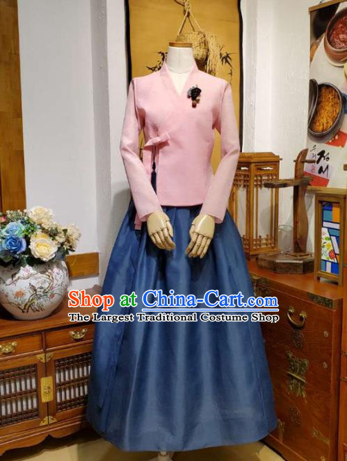 Korean Women Apparels Pink Blouse and Navy Skirt Asian Korea Fashion Traditional Hanbok Costumes