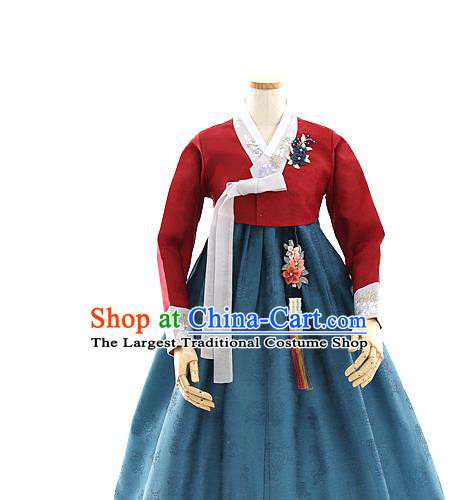 Korean Bride Mother Purplish Red Blouse and Navy Dress Korea Fashion Costumes Traditional Hanbok Festival Wedding Apparels for Women