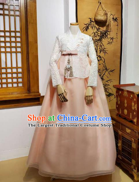 Korean Traditional Wedding White Lace Blouse and Pink Dress Korea Fashion Bride Costumes Hanbok Apparels for Women