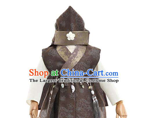 Asian Korea Boys Embroidered Brown Vest Shirt and Pants Korean Kids Fashion Traditional Apparels Hanbok Birthday Costumes