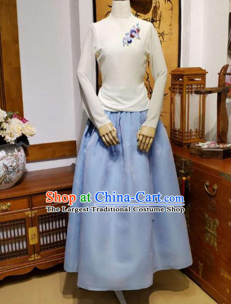 Korean Dance Training White Veil Blouse and Light Blue Satin Skirt Asian Women Hanbok Informal Apparels Korea Fashion Traditional Costumes